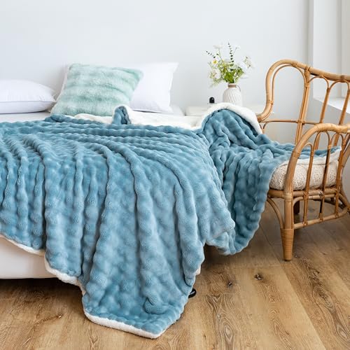 50x60 Inch Light Blue Fuzzy Camping Blanket - Thick Sherpa Plush Throw for Couch, Bed, Travel