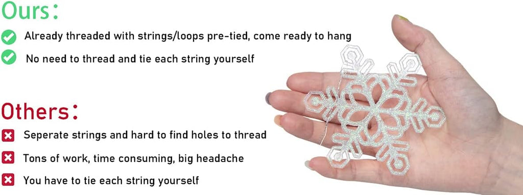 Skiennix 48pcs Pre-Strung White Snowflake Ornaments - Glittery Christmas Tree Decorations