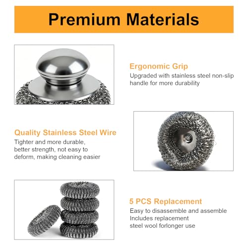 6pcs Stainless Steel Wool Scrubber Set with Replacement Pads