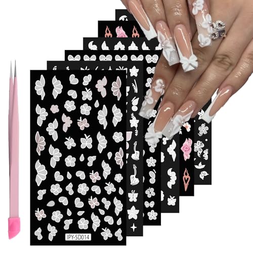 ITPOYOL 6 Sheets 5D Embossed Flower Nail Art Stickers Self-Adhesive Floral Decals