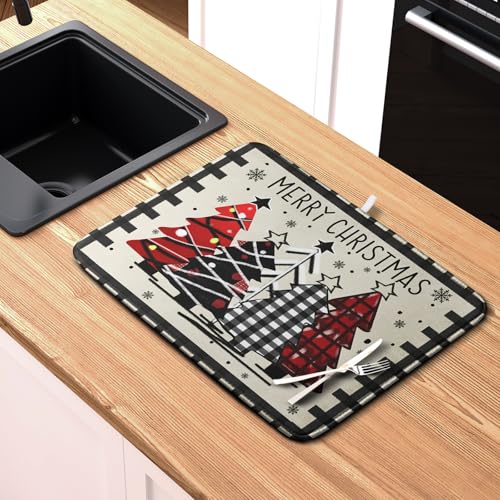 Christmas Trees Dish Drying Mat 18x24 Inch Reversible Microfiber Kitchen Counter Decor - Black White Buffalo Plaid