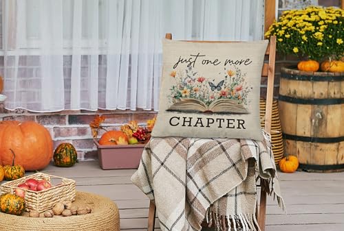 Just One More Chapter Pillow Cover, 18x18 Bookish Floral Throw Case