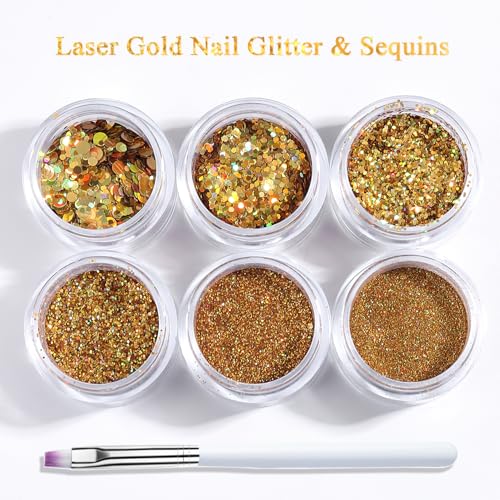 Gold Nail Glitter Powder and Sequins Set with Brush