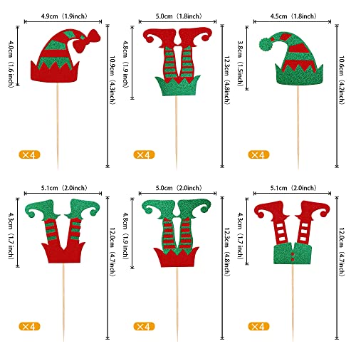 Christmas Elf Cupcake Toppers Glitter Merry Santa Hat Elf Legs Design 18 - 24 Pack