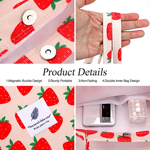 Large Strawberry Corduroy Tote Bag for Women - Reusable Grocery Shoulder Purse with Pockets