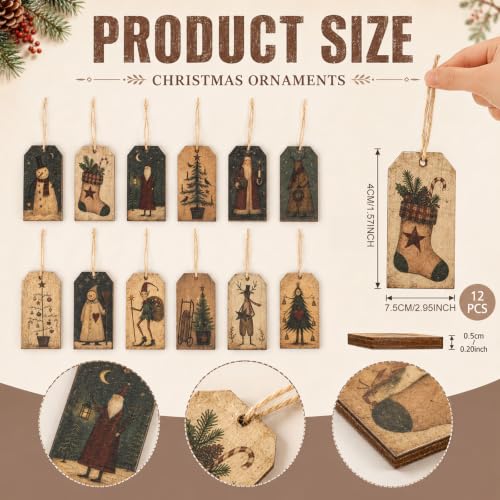 Rustic Christmas Snowman Ornaments Set - Primitive Holiday Tree Decor with Jute Loops - 12 Pieces