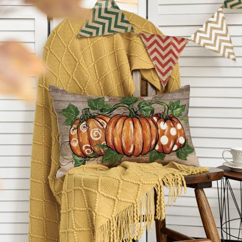 Fall Pumpkin Wood Grain Throw Pillow Cover 12x20 Inch