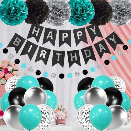 Teal Blue and Black Birthday Party Decorations Set