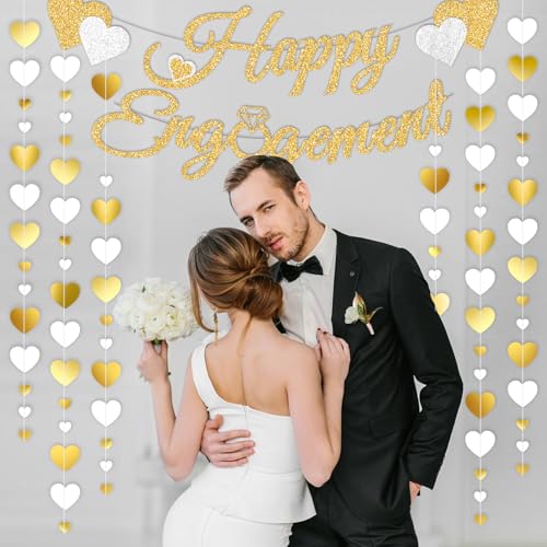 Gold Glitter Happy Engagement Banner with Heart Garland
