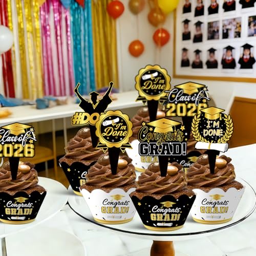 2025 Graduation Cupcake Toppers & Wrappers - Black Gold Set