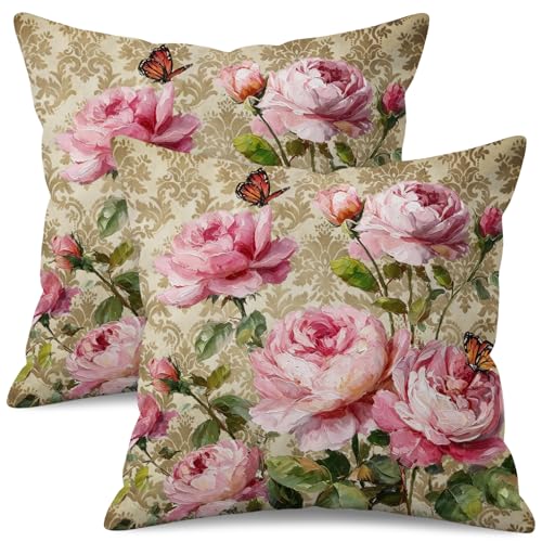 Vintage Pink Rose Floral Pillow Covers 18x18 Inch Set of 2