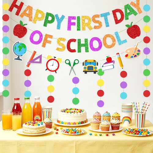 FINDRICH 4PCS Pre-Strung Happy First Day of School Banner Red Classroom Decorations