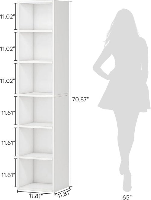 Little Tree 70.9-Inch Tall Narrow Bookcase - 6-Tier Corner Shelf Storage Organizer in White