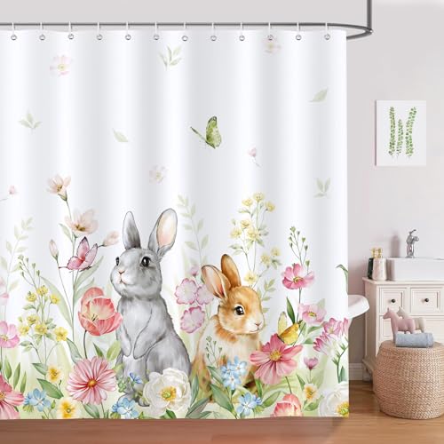 Bonhause Easter Bunny Shower Curtain, Floral Spring Bathroom Decor, 72x72 In
