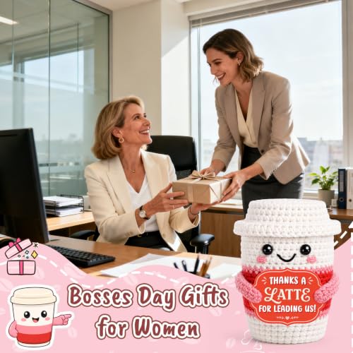 Personalized Boss Gifts for Women - Handmade Crochet Latte with 'Thanks A Latte' Card