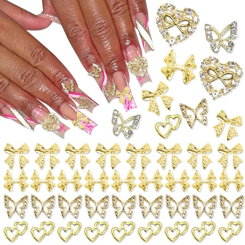 RODAKY 44PCS Gold Nail Charms 3D Bow Butterfly Metal Gems