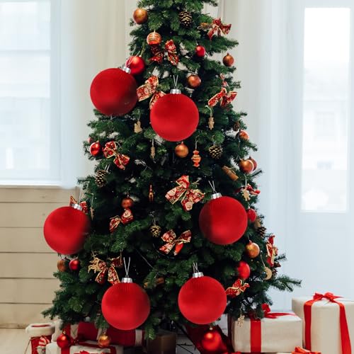 Red Jumbo Christmas Velvet Balls - 8 Inch Large Holiday Tree Ornaments (Set of 4)