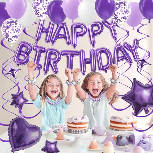 Purple Birthday Decorations Set with Happy Birthday Banner & Foil Balloons