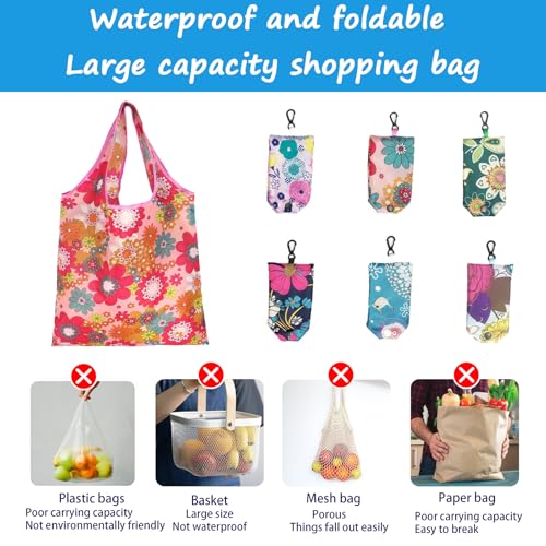 Reusable Grocery Bags - 6 Eco-Friendly Foldable Tote Bags with Flower Patterns