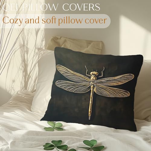 Dark Academia Dragonfly Pillow Cover 18x18 - Vintage Flannel Design