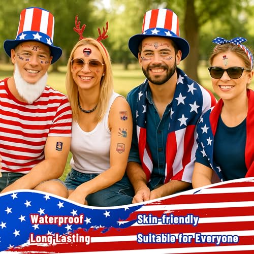 Fourth of July Temporary Tattoos - 26 Sheets Patriotic USA Stickers