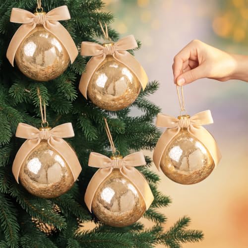 Halloscume Vintage Christmas Glass Ornaments - Champagne Mercury Glass Balls, 4 Inch, Set of 8