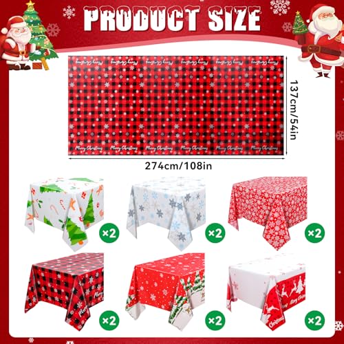 VAIPI 12 Pcs Christmas Plastic Tablecloths - Colorful Snowflakes, Tree & Snowman Designs, Rectangular Holiday Party Cover, Various