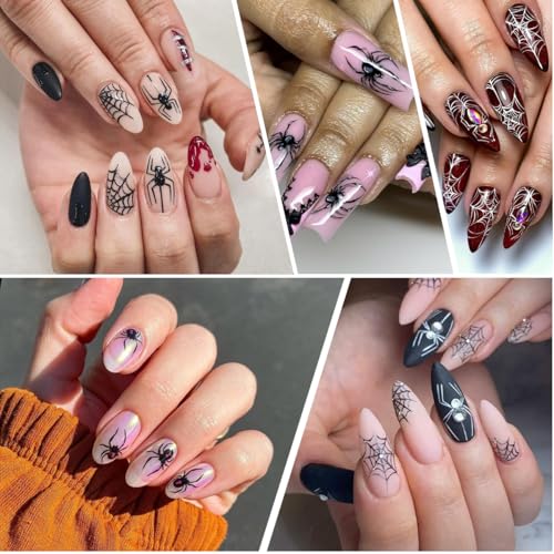 Halloween Nail Stickers 4 Sheets 3D Spider Web Decals with Red Rhinestones