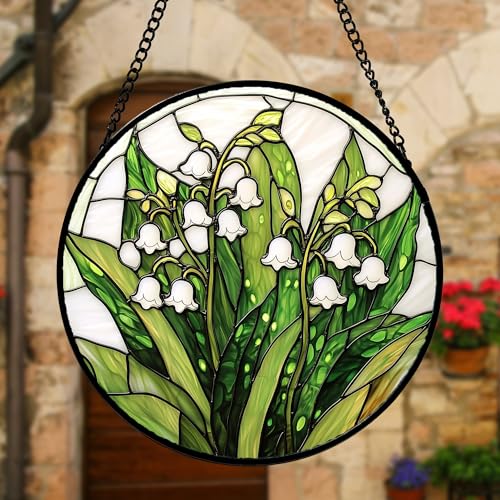 Lily of the Valley Stained Glass Window Hanging Suncatcher - White and Green, 7.8 Inch