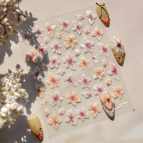 5D Pink Flower Nail Stickers Embossed Floral Nail Art Decals DIY Manicure