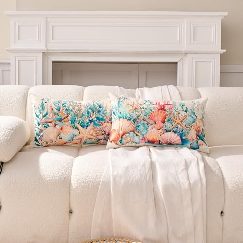 Coastal Lumbar Pillow Covers 12x20 Inch Set of 2, Beach Nautical Cushion Cases