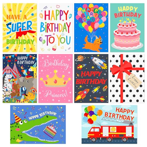 Hooqict Kids Birthday Cards, Assorted 10-Pack with Envelopes - Variety 2