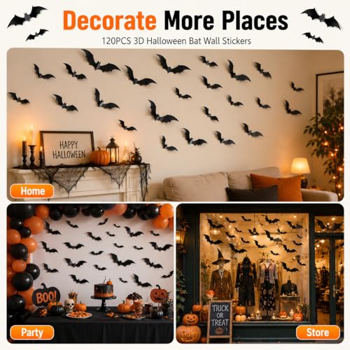 120 Pcs 3D Black Bat Wall Decals for Halloween Decor