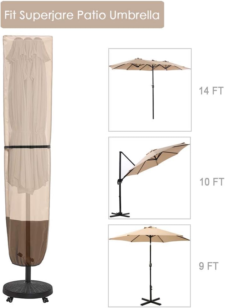 SUPERJARE Patio Umbrella Cover - Waterproof 600D Protection for 7-11 Ft & 15 Ft Double-Sided Umbrellas | Beige & Brown