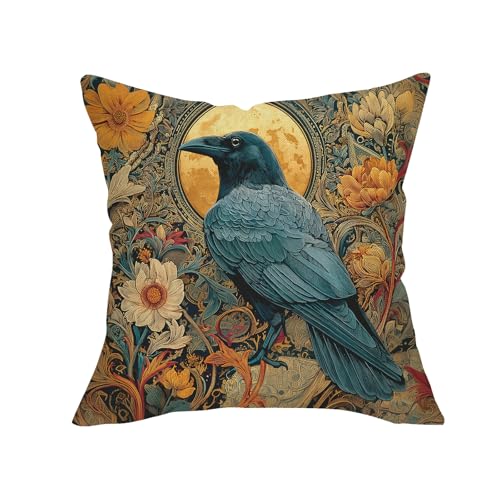 Vintage Crow Raven Throw Pillow Cover 18x18, Gothic Floral Moon Cushion Case