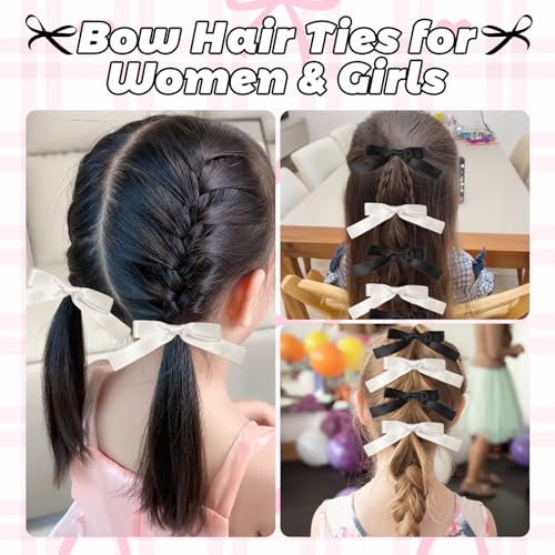 12PCS Silky Satin Hair Bows Ties for Girls and Women, Black and White Ribbon Ponytail Holder Elastics
