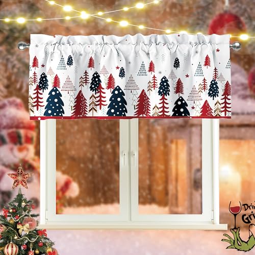Christmas Window Valance - Tree & Snowflake Design, 52x18 Inch, Winter Decor - Variation of Tree-a