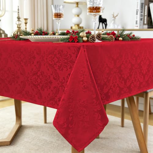SASTYBALE Christmas Red Jacquard Damask Rectangle Tablecloth 60 x 102 Inches - Festive Holiday Dining Decor