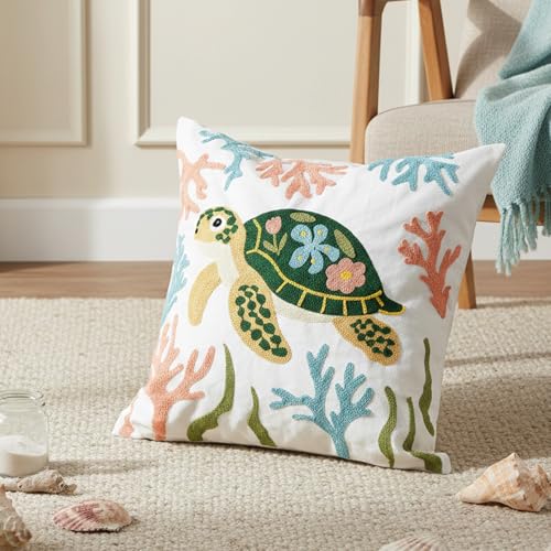 Coastal Sea Turtle Embroidered Throw Pillow Cover 18x18 Inch Beach Decor