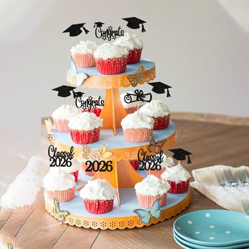2026 Graduation Cupcake Toppers - 30 PCS Glitter Picks