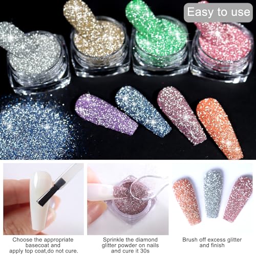 SIUSIO Reflective Glitter Powder Set, 8 Colors Diamond Nail Glitters Dust