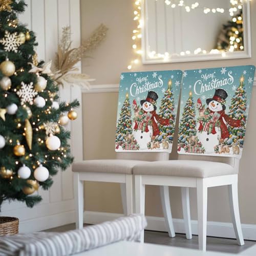 4 Pcs Teal Christmas Snowman Chair Back Covers - Winter Dining Decor