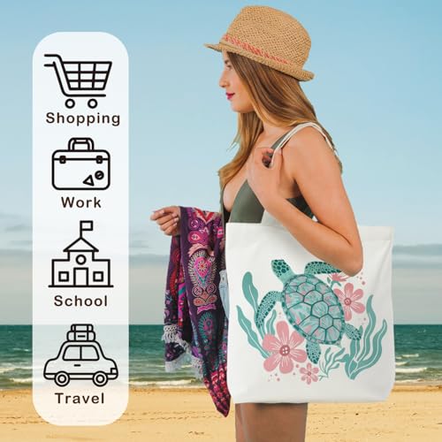KEUSPI Floral Sea Turtle Tote Bag for Women - Turtles and Flowers