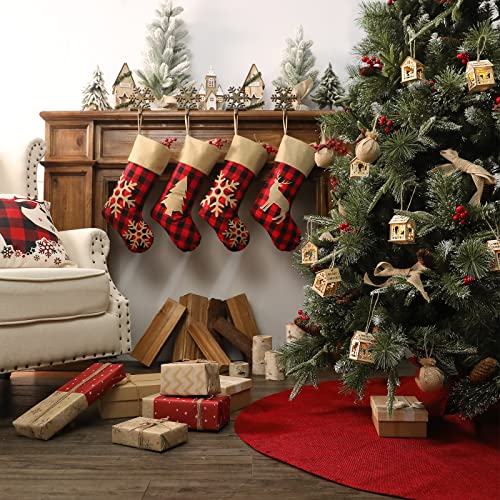 Rustic Christmas Stockings 4 Pack - 18 Inch Red Black Buffalo Plaid Holiday Decor