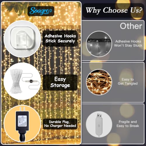 200 LED Warm White Curtain Fairy Lights 9.8x6.6FT with Remote & Hooks - Plug In