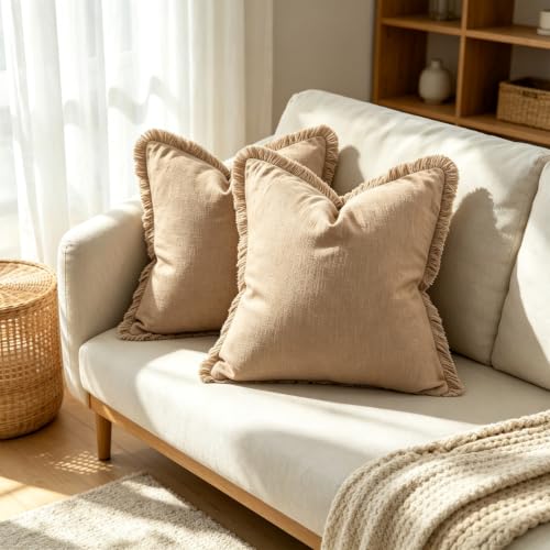 Fringe Throw Pillow Covers, 18x18 Inch Baby Brown Cotton Linen, Set of 2
