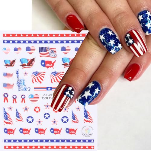 HOXIEYA 4th of July Patriotic Nail Stickers - 4 Sheets American Flag Design