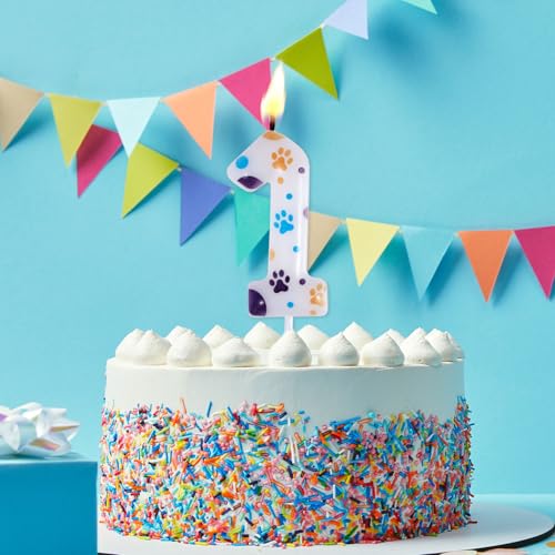 Cute Paw Print Birthday Candle - 3.94 Inch Blue Number 1 Cake Topper