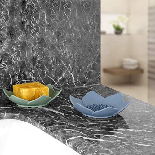 ReignSword Lotus Silicone Soap Dish Holder - 3 Pack (Blue, Green, Grey)