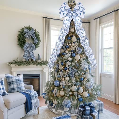 Extra Large Blue and White Christmas Bow Tree Topper 47 x 20 Inches - Elegant Holiday Decor
